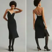 Maeve Anthropologie Black White Pearl Strap Cocktail Midi Dress Large NWT