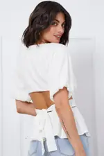 White Peplum Blouse Short Sleeve Linen - Size 12, Women's Peplum