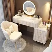 Stylish and Modern Vanity Desk LED Lighted Dressing Table Set with Backrest Chair 5 Drawers Makeup Desk and Stool Bedroom Vanity Dresser for Girls