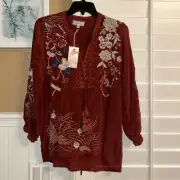 NWT Johnny Was Workshop Freja Tassel Peasant Blouse XS Maroon Floral Stitching