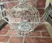 NEW WITH TAG EPIC WHITE METAL TEAPOT WINE CORK HOLDER