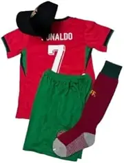 New Kids and Adult Soccer Jersey #7 Home Portugal Red Top + Shorts + Cap + Socks Kit (22 (6-7 Years))
