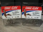 2 Packs Eagle Claw Nickel 2X Treble Lure Replacement Fish Hooks 375A Size 3/0