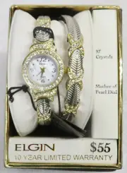 Elgin Women's Crystal Accented Dress Watch And Bracelet Set - New w/ Battery
