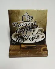 RAISED ON COFFEE AND JESUS Decorative Ceramic Tile Coasters W/ Rustic Wood Stand