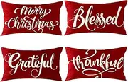 FELENIW Set of 4 Blessed Grateful Thankful Merry Christmas Best Gift Decorative Throw Pillow Cover Cushion Case Cotton Linen Material for Bed Sofa Couch 18" x18'' Square (Red2)