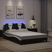 Modern Bed Frame with LED Lights, Black and White Faux Leather, Luxury Double Bed Frame 137x187 cm, Stain-Resistant, Plywood Slats Included