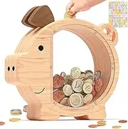Summidate Wooden Piggy Bank for Kids Large Money Bank for Boys Girls,Cute Unbreakable Wood Money Box, Creative Saving Money Jar Personalized Gifts for Child Birthday Christmas & Decor(Patent Pending)