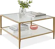 Best Choice Products 32” Square Glass Coffee Table, Large 2-Tier Accent Furniture for Living Room, Bedroom w/Metal Frame, Glass Shelves - Gold