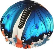 Blue Butterfly Print Various Activities Shower Cap Reusable Soft And Lightweight Bath Hair Cap Long Hair