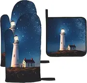 3 pcs Oven Mitts and Pot Holders Set 500°F Heat Resistant Oven Gloves and Hot Pads Kitchen Mittens Lighthouse Under Starry Night Sky Cooking Gloves Potholders for Baking Grilling