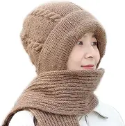 [Lopsity] Winter Warm Knitted Hat for Women Integrated Ear Protection Windproof Cap Scarf Knitting Thick Winter Knitted Hat for Women 2 in 1 Winter Warm Knitted Hat Scarf