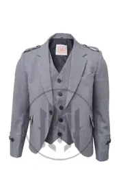 Mens Scottish Grey Style Jacket Tweed Wool Argyle With Waistcoat Kilt Jacket