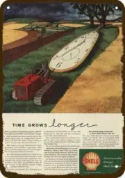 1947 SHELL OIL & GAS Vintage Look DECORATIVE METAL SIGN - RED TRACTOR PULLS CLOC