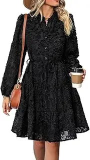 [ZPLxi] Women's Casual Dress V Neck Ruffle Long Sleeve Open Front Button Embroidered Loose Midi Dresses Boho A-Line Elegant Flowy T Shirt Dresses
