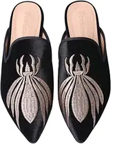 [Fericzot] Women's Velvet Backless Pointed Toe Slip On Loafers Flats Embroidery Mule Slippers Shoes