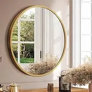 Furb Round Wall Mirror, 80cm Circular Bathroom Mirror, Gold Metal Frame, Decorative Hallway Entryway Mirror