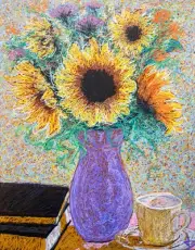 Sunflower Still Life 11x14 Framed Original Oil Painting on Acrylic Glass Monet