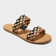 Universal Thread Women's Anita Wide Width Two-band Slide Sandals Tan Black 9.5