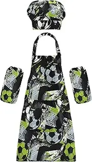 AIXIWAWA Kids Apron Chef Hat Set, Child Kitchen Bib Aprons Adjustable for Cooking Baking Painting (Urban Football)