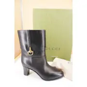 Gucci Miranda Half Horsebit Pointed Toe Bootie SZ 38.5 NIB Logo $1490 Black