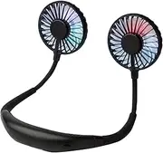 Dual Cooling Neck Fan, Portable USB Charging Neck Hanging Fan, Dual Cooling Fan, Lazy Fan with Lights and Black