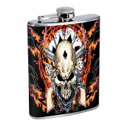 Flask 8oz Stainless Steel Skull D 11 Outlaw Gambler Flames Whiskey
