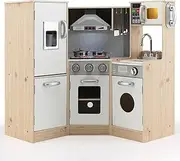 HONEY JOY Kids Corner Kitchen Playset, 9-in-1 Wooden Pretend Play Kitchen Toy Set w/Realistic Light & Sound, Ice Maker, Washing Machine, Microwave, Oven, Stove, Ice Cube Dispenser, Utensils, Sink