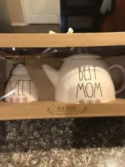 New RAE DUNN LL SWEET Honeypot & BEST MOM Teapot Set W/ Pink Handle & Flowers