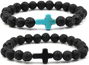 [FORUBUS] 2Pcs Lava Rock Stone Beaded Bracelet, Cross Charm Natural Volcanic Stone beads Turquoise Stretch Bracelet for Women Men Religion Jewelry Pray Baptism Gift