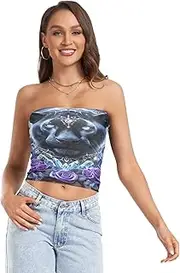 [RPLIFE] Mystic Panther Purple Rose Women's Tube Top, Strapless Summer Top, Sheer Tube Tops, Trendy Crop Tops (S)