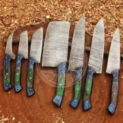 Set of 7 Chef Knives, Handmade Damascus Steel Kitchen Knives, Top Quality Blades
