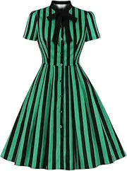 [EFOGEP] 1950s Dress for Women Retro Black and White Striped Dress Stripes Print Tie Front Rockabilly Dresses Halloween Costume
