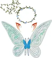Fairy Wings for Women Girls：Fairy Costume Set with Floral Garland, Elf Ears – 23.4"x18.7" Organza Butterfly Wings