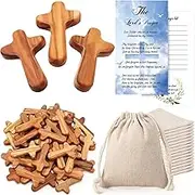 Wenqik 25 Sets Olive Wood Clinging Cross with Cotton Linen Bags and Prayer Cards Small Wooden Holding Caring Cross Gift Set Hand Held Portable Wooden Cross for Christian Jesus Prayer Gifts Favors