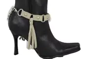 Women Boot Silver Chain Bracelet Anklet Shoe Ivory Faux Suede Fringes Jewelry