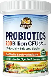 Vitalitown Probiotics | 200 Billion CFUs 36 Strains | 60 ct | Shelf Stable, Acid & Bile Resistant | Replenish Good Bacteria, Intensive Digestive & Immune Support | Vegan, Non-GMO, No Dairy