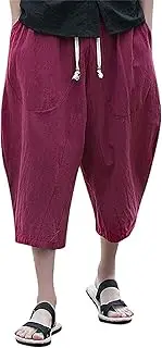 [Maiyifu-GJ] Men's Baggy Linen Capri Pants Loose Fit Yoga Drawstring Beach Pants Casual Wide Leg Below Knee Harem Pants