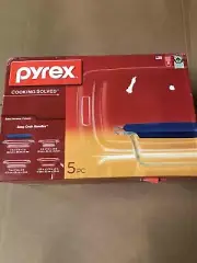 Pyrex 1093842 Glass Easy Grab Bake Set with Blue Plastic Cover - 5 Pieces
