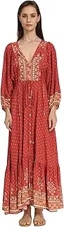 [Heychic] Boho Round Neck Red Bohemian Border Print Dress Summer Casual Beach Long Party Dress with Side Splits