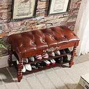 Chinese Rustic Premium Pu Leather Upholstered Solid Wood Shoe Rack Benches Shoe Changing Stool for Living Room Bedroom Entryway Hallway-Orange 60x35x48cm(24x14x19inch)