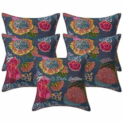 Traditional Decorative Sofa Cushion Covers 16x16 Printed Kantha Cotton Set Of 5