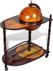 vidaXL Globe Bar Cabinet, Eucalyptus Wood Freestanding Wine Stand, Old Nautical Map Design with Renaissance Era Paintings, Ample Storage with Extended Table, Movable on Wheels