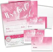 Baby Shower Invites for Girls – Pink Watercolor Baby Shower Invitation Bundle with Diaper Raffle Tickets, Book Request Cards & Envelopes. Set of 20 5X7 Watercolor Girl Invitation Kit Sets