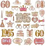 30Pcs 60th Birthday Photo Booth Props for Women, Pink Rose Gold Vintage 1965 60 Birthday Selfie Props Kit with Sticks Party Supplies Favors, Happy Sixty Bday Photo Props Decor