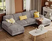 [Furmax] Sectional Couches for Living Room, U-Shaped Sofa Couch with Linen Fabric, 4 Seat Sofa Set with Double Chaise for Apartment (Fabric, Grey)