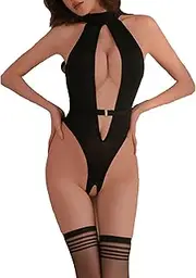 [Generic] Womens Hollow Corset Bandage Bodysuit One Piece Lace Lingerie Underwire Halter Deep V Backless Sleepwear Nightwear
