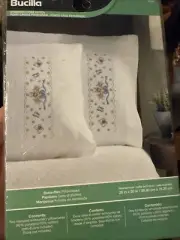 Pair New BUCILLA Floral Butterfly Bow 20 x 30” Pillowcases Stamped Cross Stitch
