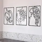 Chengu 3 Pieces Metal Minimalist Abstract Woman Wall Art Line Drawing Wall Art Decor Single Line Female Home Hanging Wall Art Decor for Kitchen Bathroom Living Room (Black, Flower)