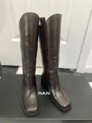 NIB 100% AUTH Chanel 14A G30170 Square Toe Brown Leather Boots Sz 35 $1875